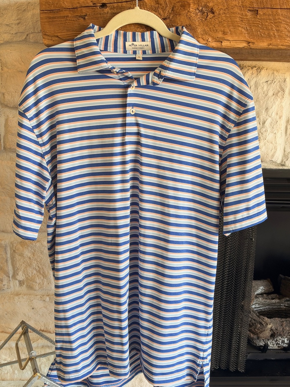 Peter Millar Blue and White Horizontal Stripe Polo